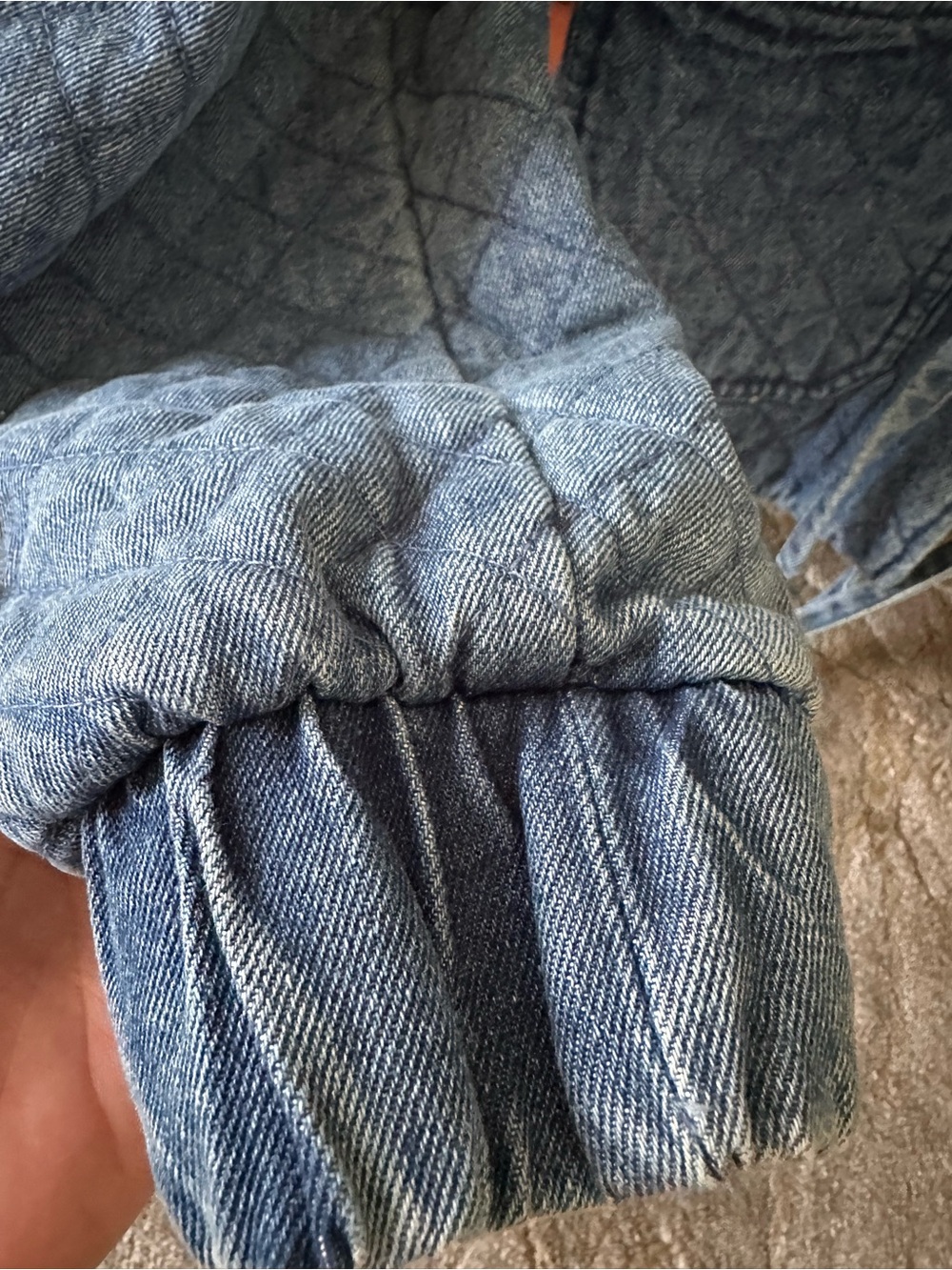 Avec Les Filles Quilted Denim Jacket with Ruffle Collar in Light Blue - Picture 2 of 7
